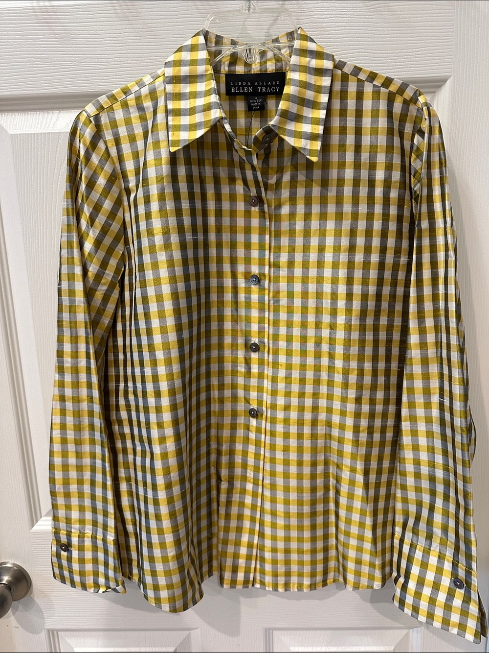 Ellen Tracy Yellow and White Gingham Silk Button-Down Shirt NWT size 10